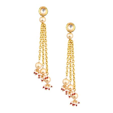Chain & Pearl Drop Cascade Earrings with Red Bead Clusters Pair